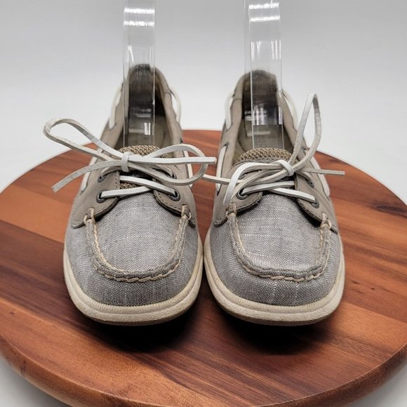 Sperry Top Sider Authentic Original Gray Leather Linen Preppy Slip On Boat Shoe - Picture 12 of 14